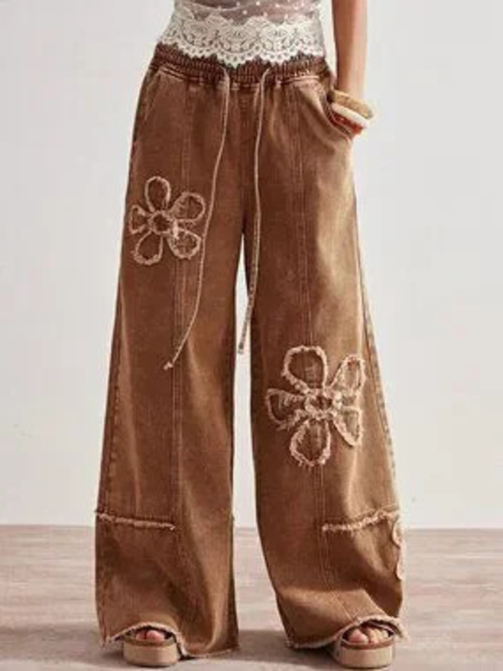 ZARA Brown Casual Women's Floral Detail Wide Leg Pants